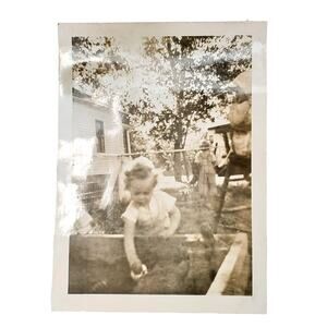 Vtg Cute Toddler Playing in Sandbox Monochrome Photography Found Snapshot